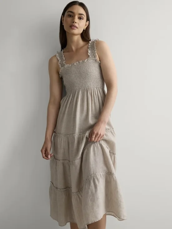 Mlle Gabrielle Beige Smocked Tiered Midi Dress - Picture 3 of 9